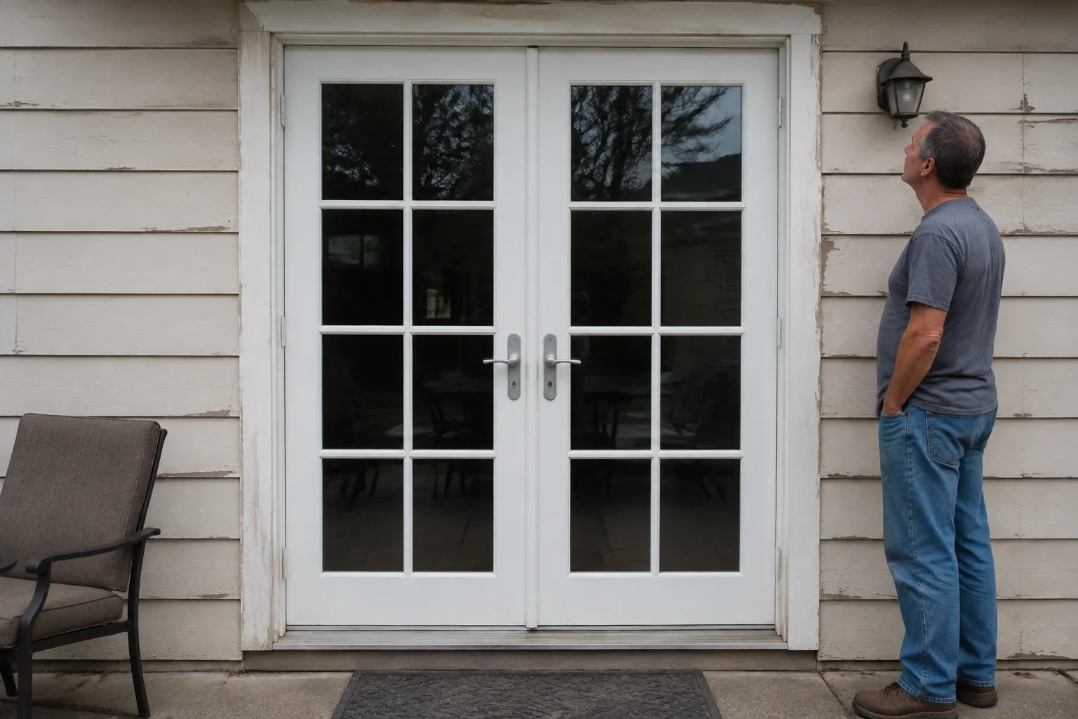 Man looking at the upper trim of paired white glazed French doors.